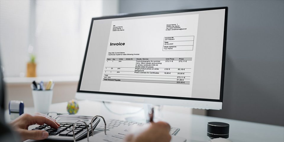 The image demonstrates an example of what a generic digital invoice might look like when displayed on a desktop computer screen running invoice automation software. 