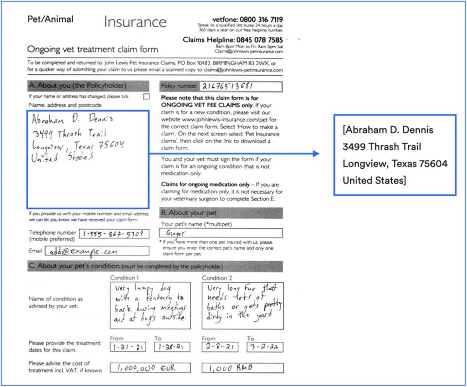 This image shows an example of a fixed form with unstructured data within the document. Handwriting is the primary example of unstructured data in this example.