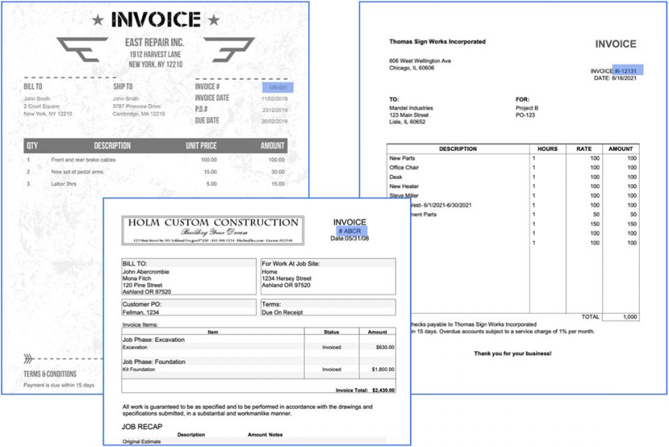 This image shows examples of invoices as an example of "semi-structured" documents.