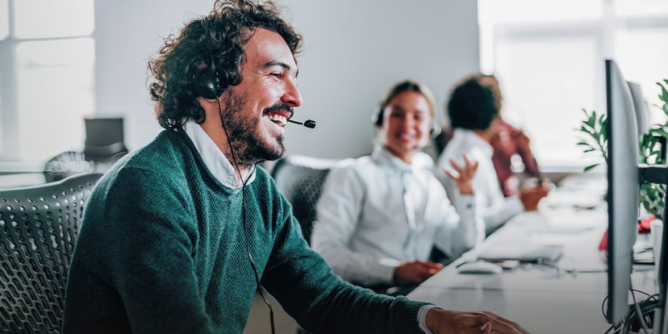 Graphic image showing a man increasing customer satisfaction with email classification.