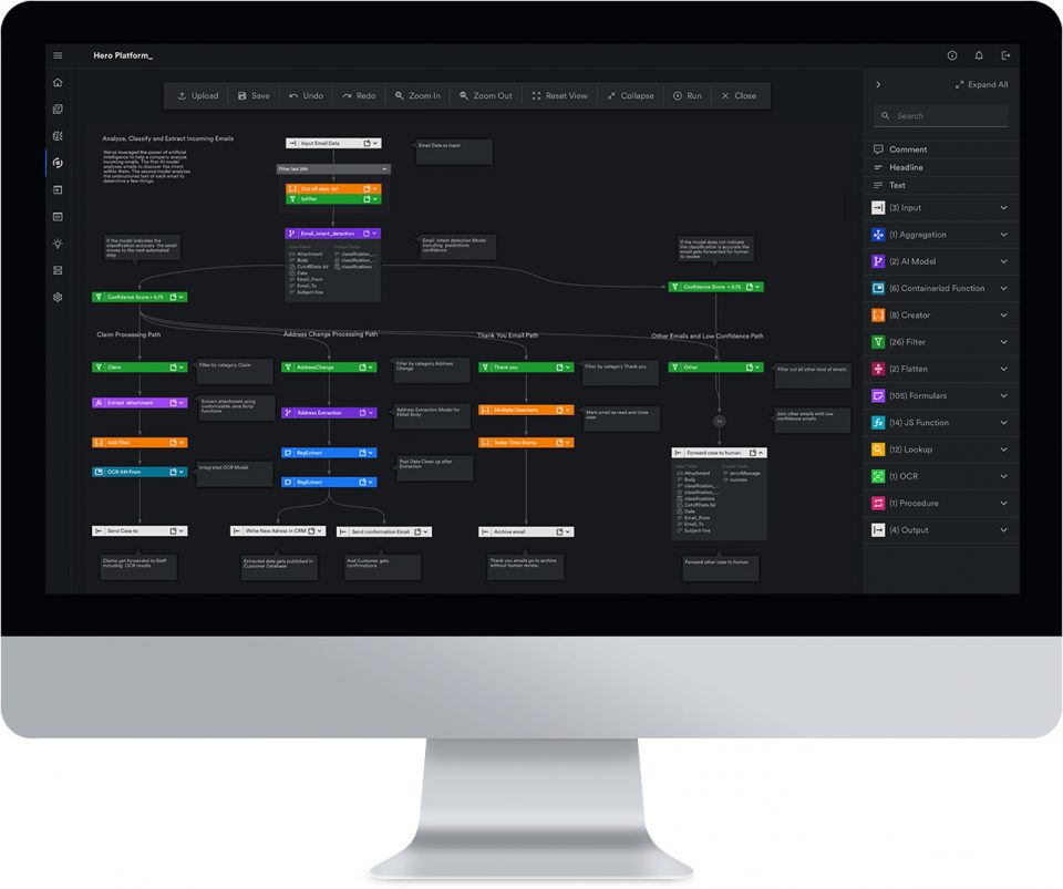 The image shows a desktop computer with a Automation Hero's intelligent document processing platform on the screen to automate email processing and classification.